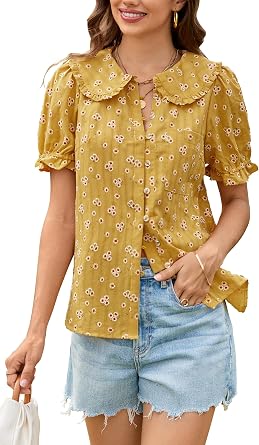 ECOWISH Womens Button Up Shirt - Peter Pan Collar Frilled Short Sleeve Summer Tops Casual Cotton Retro Floral Blouse