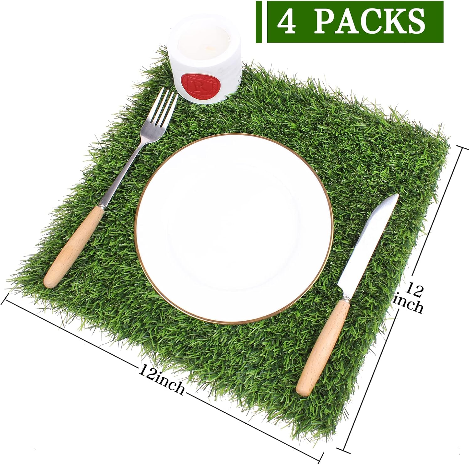 kesfey grass squares placemats 4 packs 12"x 12" artificial grass turf patch tiles green grass squares fake grass mat synthetic grass rug roll tabletop decorations for home dining christmas table decor 12×12(packs of 4)