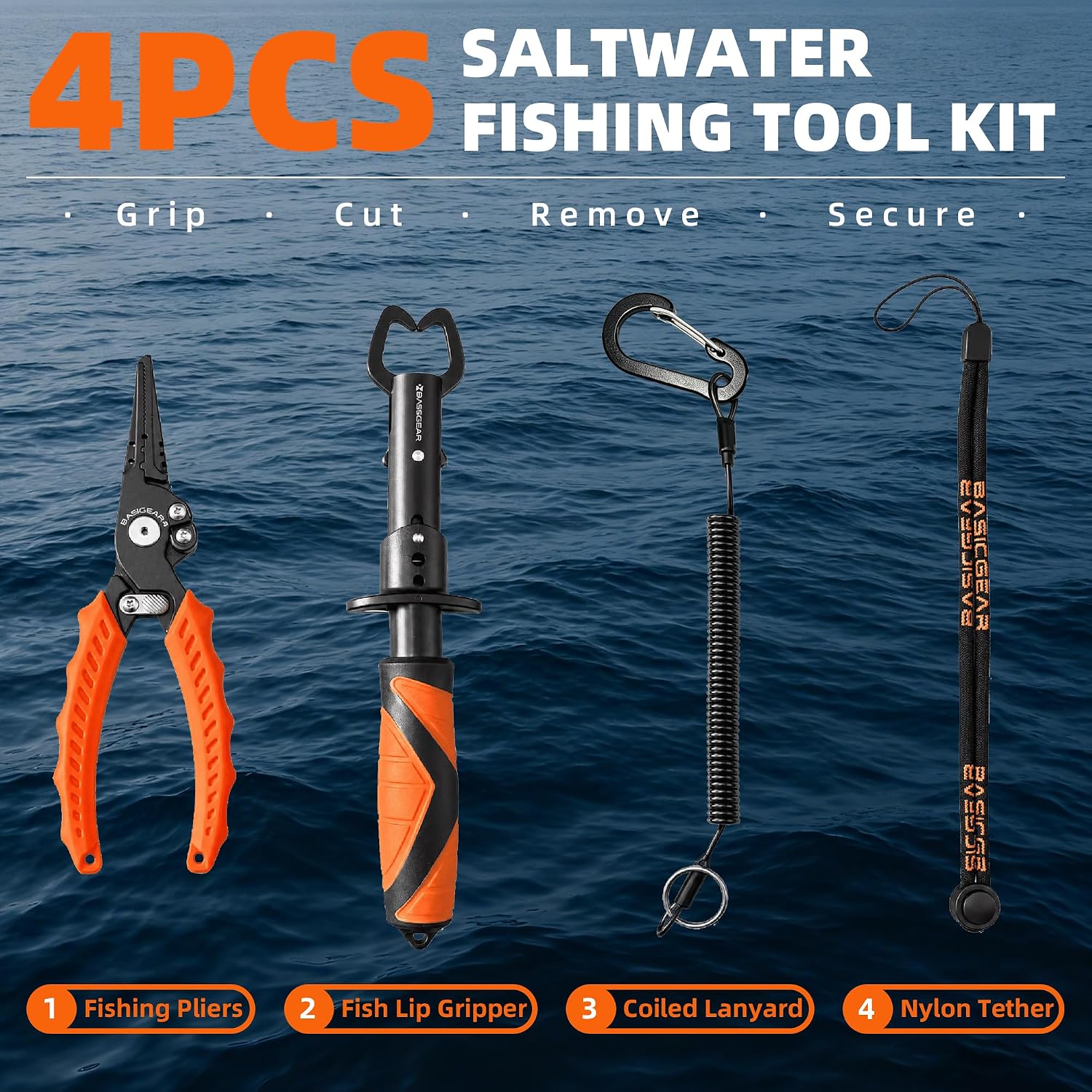 4-Piece Fishing Tool Kit, Stainless Steel Pliers, Orange | For Hook Removal And Crimping, Corrosion-Resistant Hardware, Coiled Lanyard, Braid Cutter