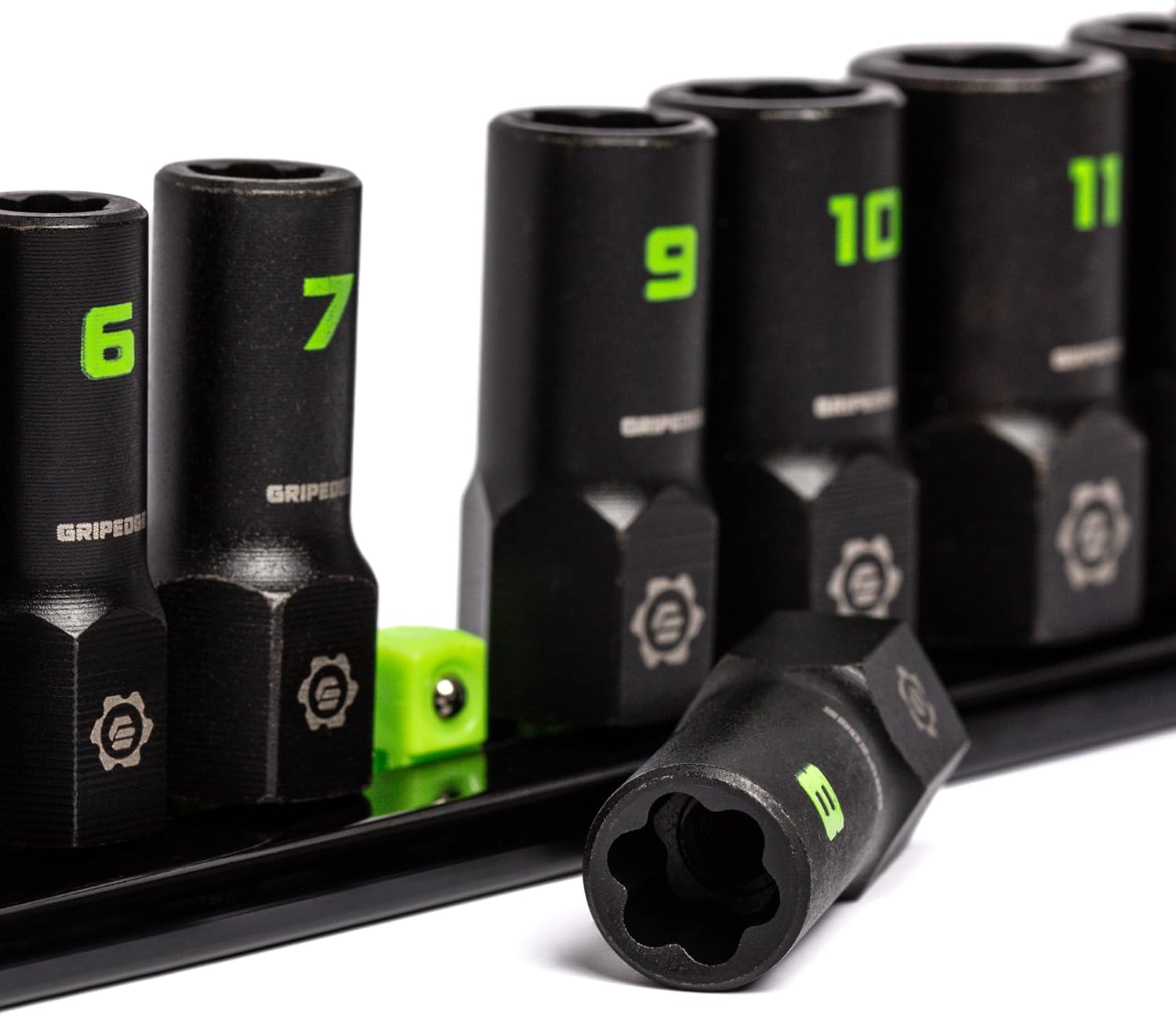 GRIPEDGE Tools | 9-PC - 1/4'' Drive Metric RPT Socket Extractor Set | Sizes 4 – 12 MM | Removes Broken Studs, Stripped Bolts and Lug Nuts | Includes Premium Aluminum Socket Rail|