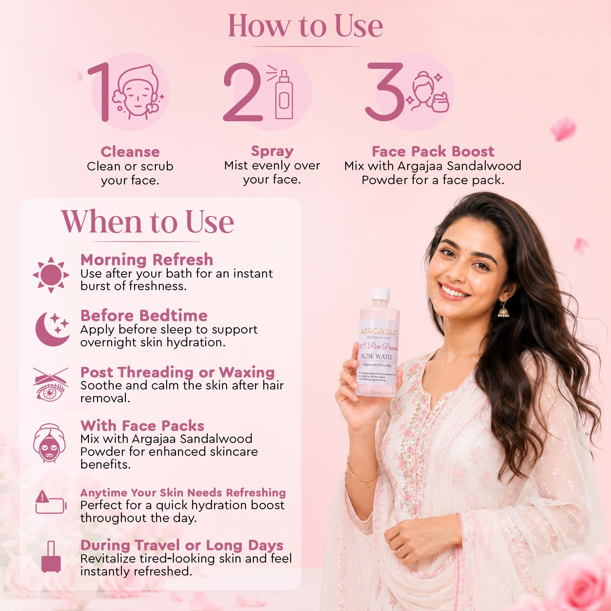 ARGAJAA ESSENCE WORLD Sandalwood Powder 18 gm & Rose Water 500 ml Combo Pack | Edible Gulab Jal for Face, Hair & Cooking, Chandan Powder For Puja, Meditation, Skincare, Aromatherapy & Divine Gifting 1