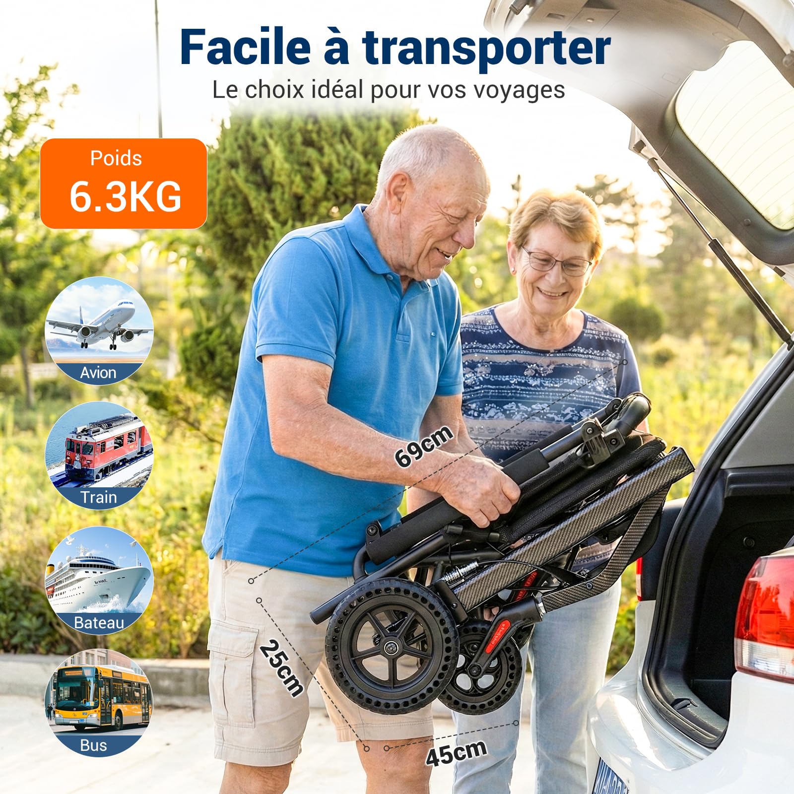 Care Parents Fauteuil Roulant de Transfert Pliable et Ultra-Léger (6,3 kg) - En Aluminium, Compact pour Voyage - Freins Tierce Personne et Ceinture - Assise 40 cm, Jusqu'à 100 kg (CP-A188)