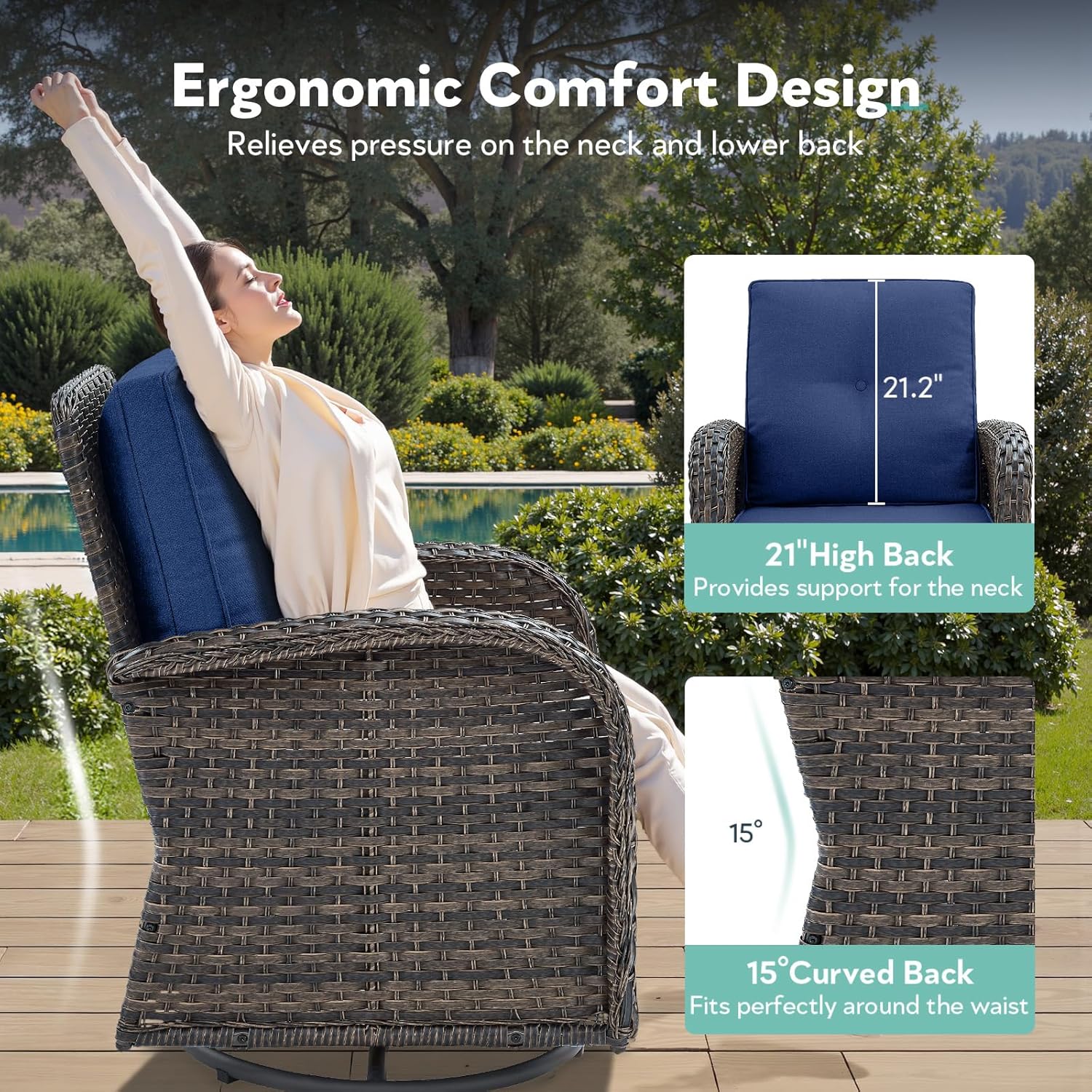 2 in 1 Porch Glider Swivel Chair - Wicker Patio Furniture Outdoor Swivel Rocker Chair with Thick Cushion, 300 Lb Weight Capacity Patio Swivel Glider Seating - Brown Wicker, Blue Cushion
