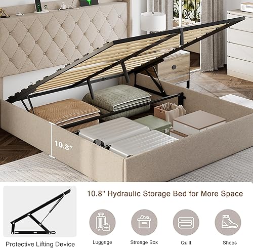 Miniatura 3 de Base de cama de almacenamiento de elevación completa con estación de carga, marco de cama tapizado con almacenamiento, no necesita somier, sin