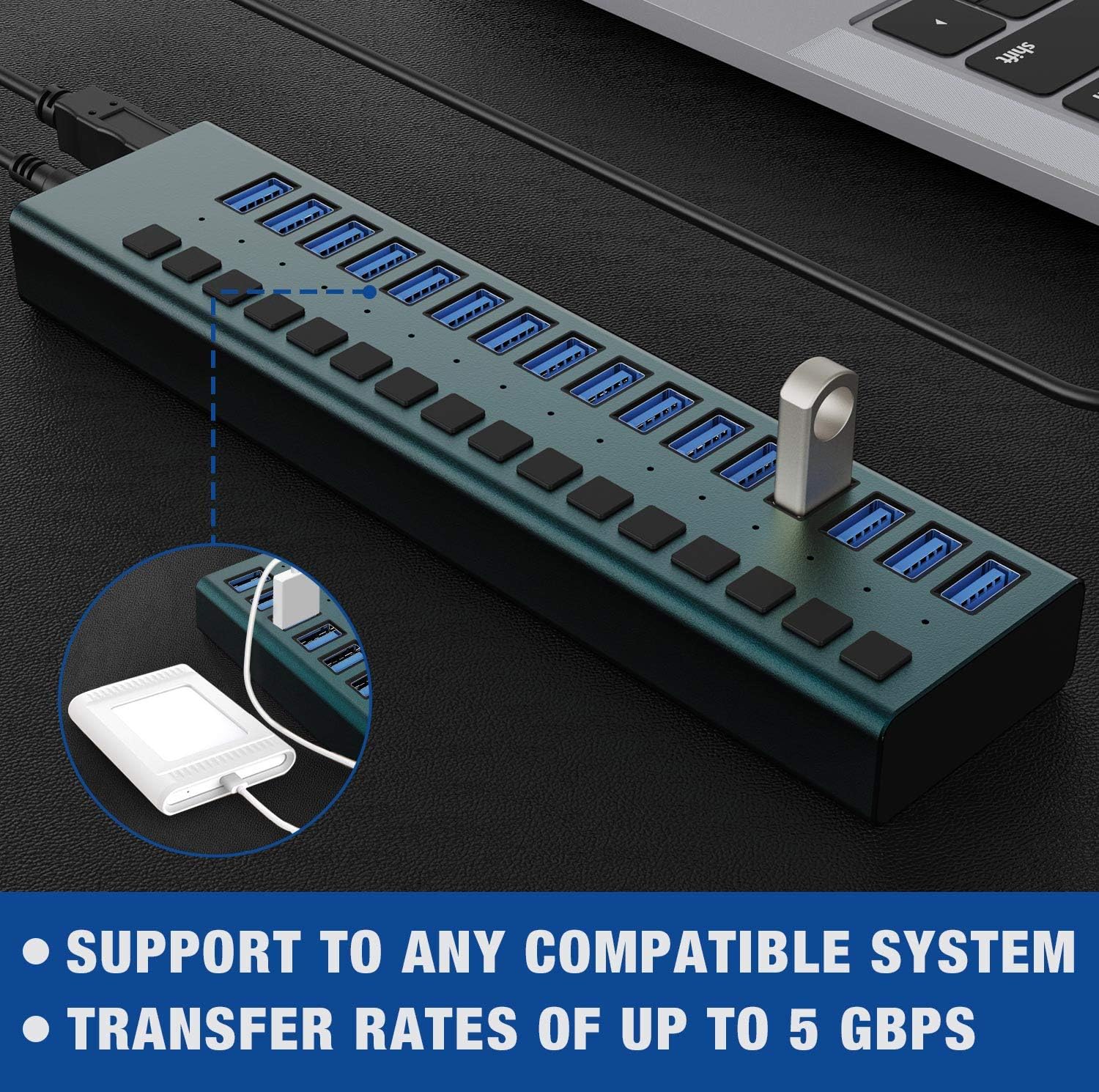USB 3.0 Hub -16 Ports Powered USB Hub 90W USB Charging Hub with Individual On/Off Switches and 12V/7.5A Power Adapter and Multi-USB Port for PC，Laptop, Computer, Mobile HDD, Flash Drive and More（Gree