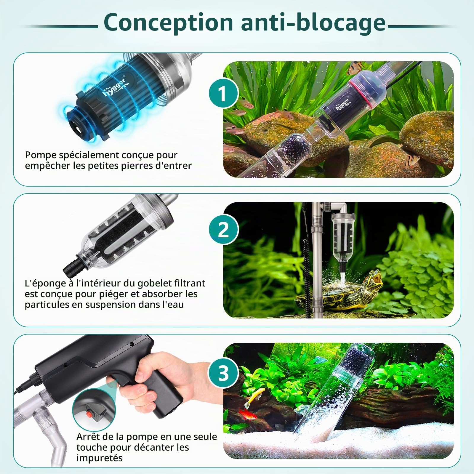 hygger Aspirateur Aquarium Nettoyage de Gravier, 15W Aspirateur de Gravier d'aquarium 2000L/H Electrique Aquarium Changeur Mode Automatique/Manuel