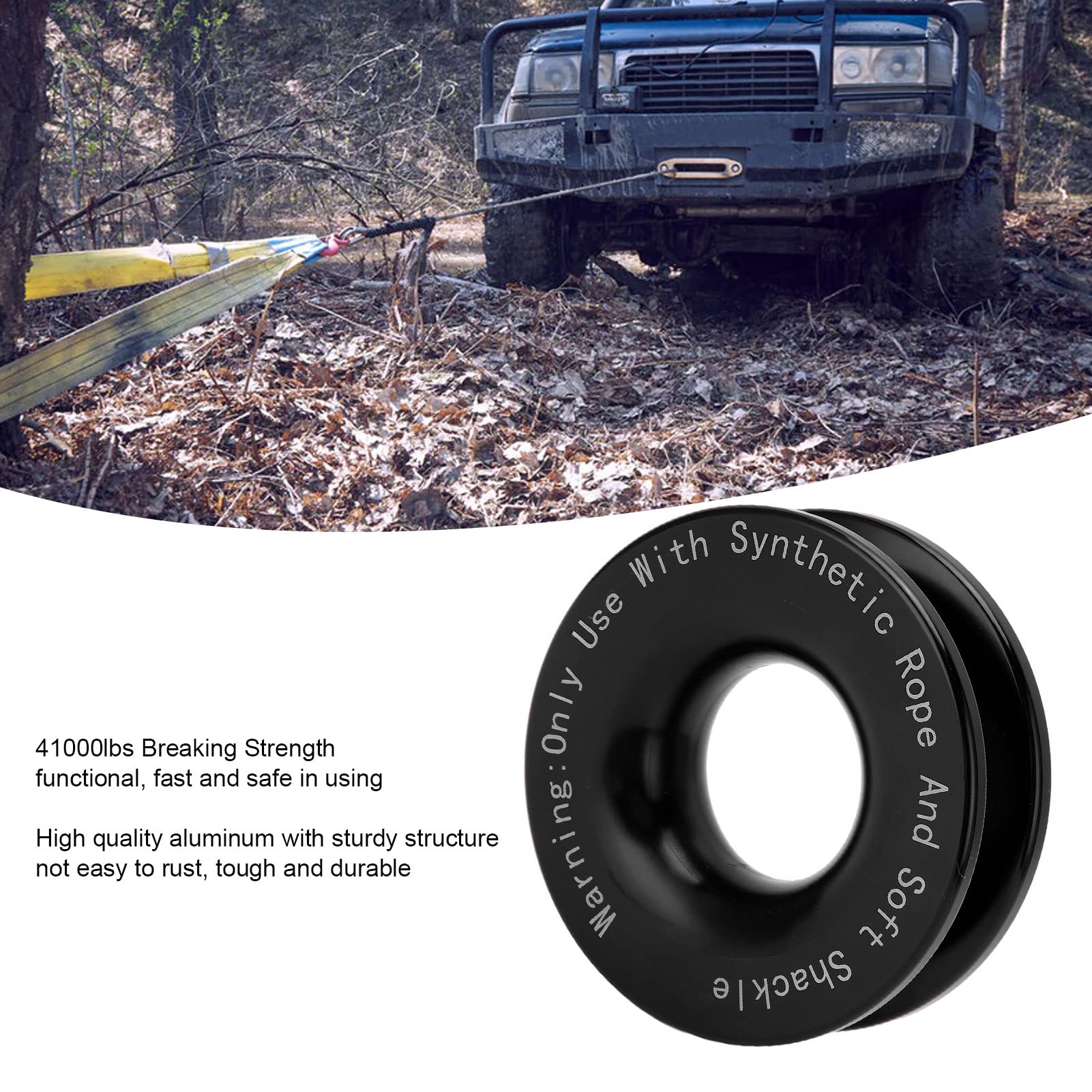 Anneau de Récupération de Treuil, 41000lbs Winch Recovery Ring pour Soft Shackle 7/16in 1/2in, Poulie de Renvoi pour Câble 3/16in 1/4in 3/8in pour VTT UTV 4x4 Camion, Noir