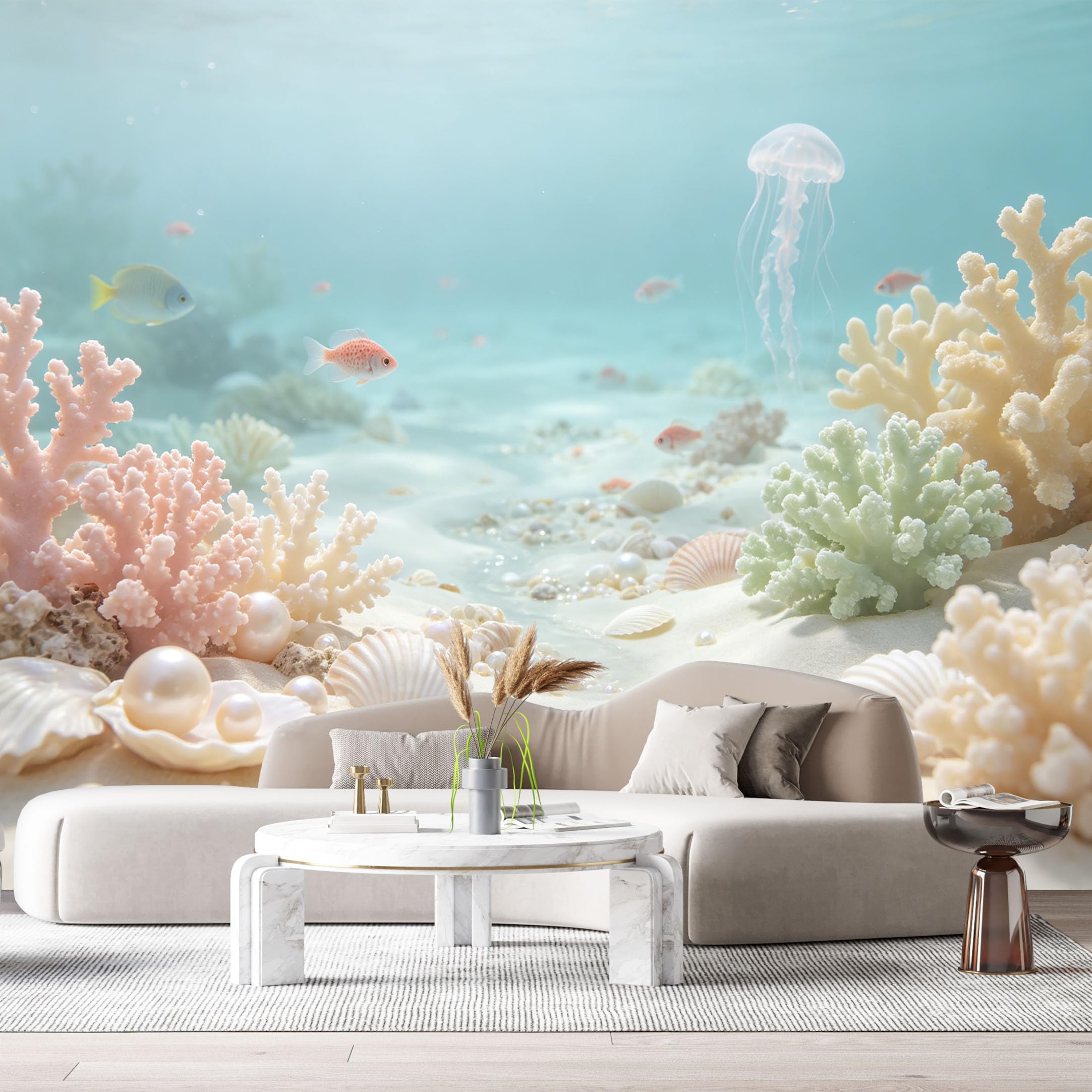Custom Size Wall Murals Ocean Marine Watercolor Jellyfish Coral Reef Seashell Pearls SelfAdhesiveWall Fabric Removable Wallpaper Wall Decor for Living Room Bedroom Bathroom