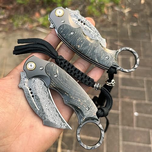 Miniatura 6 de Handmade Damascus steel Folding Pocket EDCKnife，with cowhide sheath And pocket clip，2.8in blade Claw Hawkbill Folding Knife，Lining lock, wooden