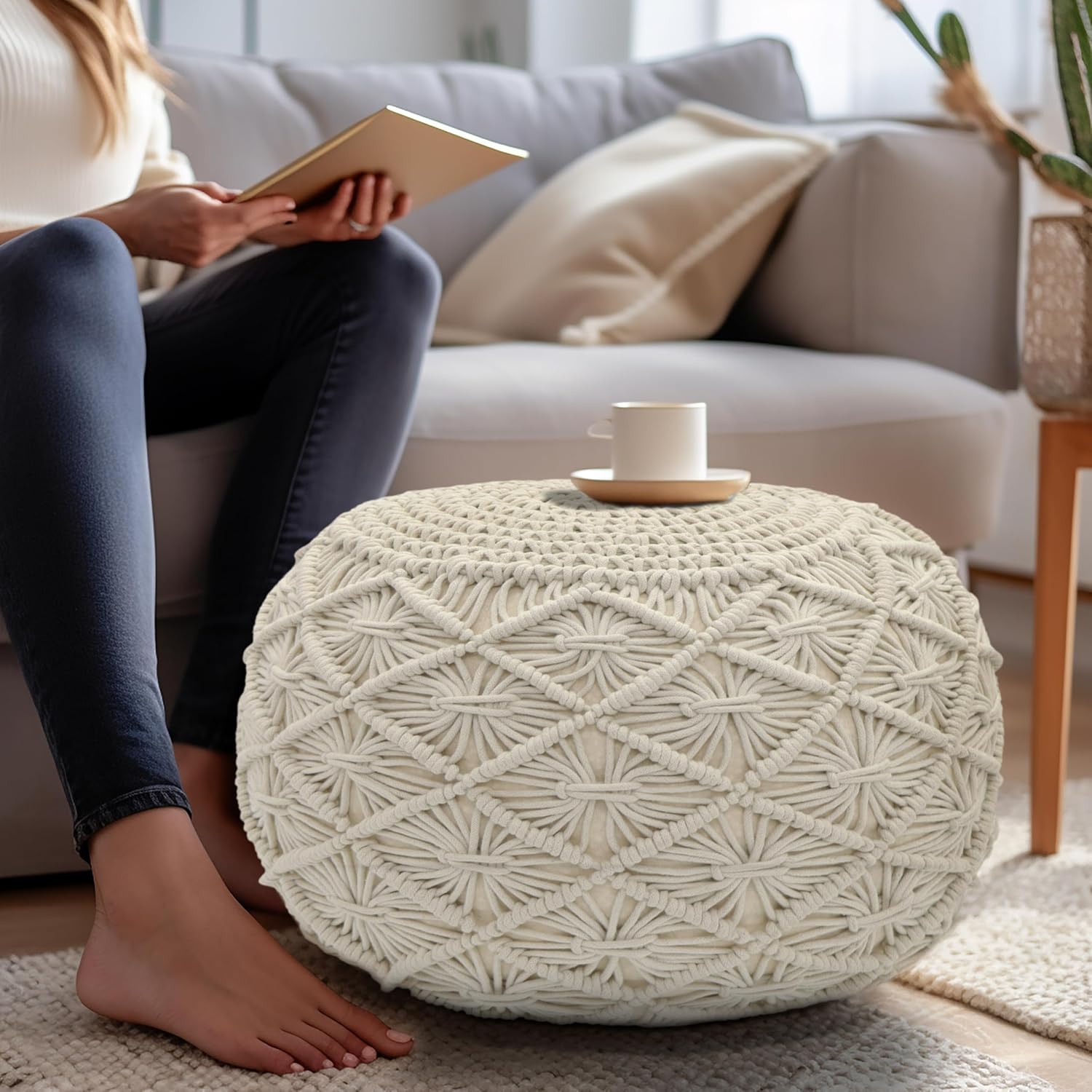 COTTON CRAFT Macrame Braided Pouf - Knitted Cotton Cord Comfortable Round Dori Pouf - Prefilled Ottoman Footrest Bean Bag - Stuffed Boho Moroccan Accent Seating - Nursery Bedroom Dorm - 20x14 - Ivory