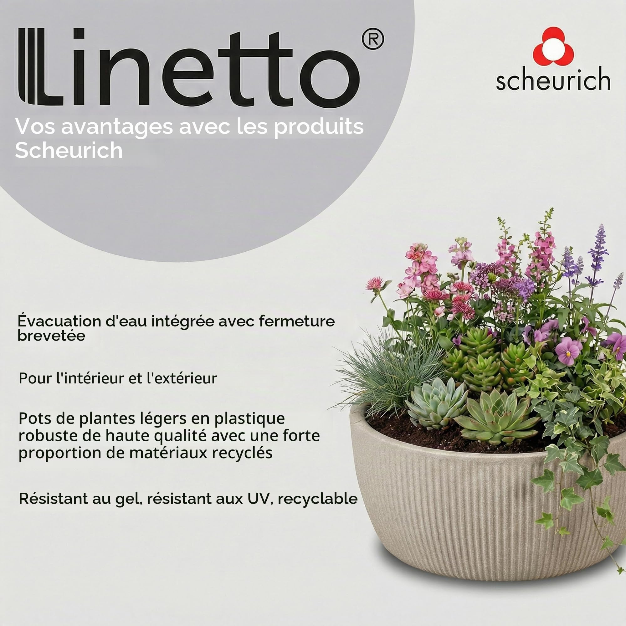 Scheurich Linetto Bol 30, Pot à Plantes/Pot de Fleurs/Jardinière, Rond, Couleur: Sable, fabriqué avec du Plastique recyclé, 10 Ans de Garantie, pour l'extérieur