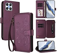 Étui pour Honor 70 Lite/Play 6C RBN-NX1 (6,5 Pouces) Lanière PU Cuir Housse Fleur Papillon Motif avec Supports et Fermeture Eclair Fente Carte Portefeuille Protection Coque Lavande