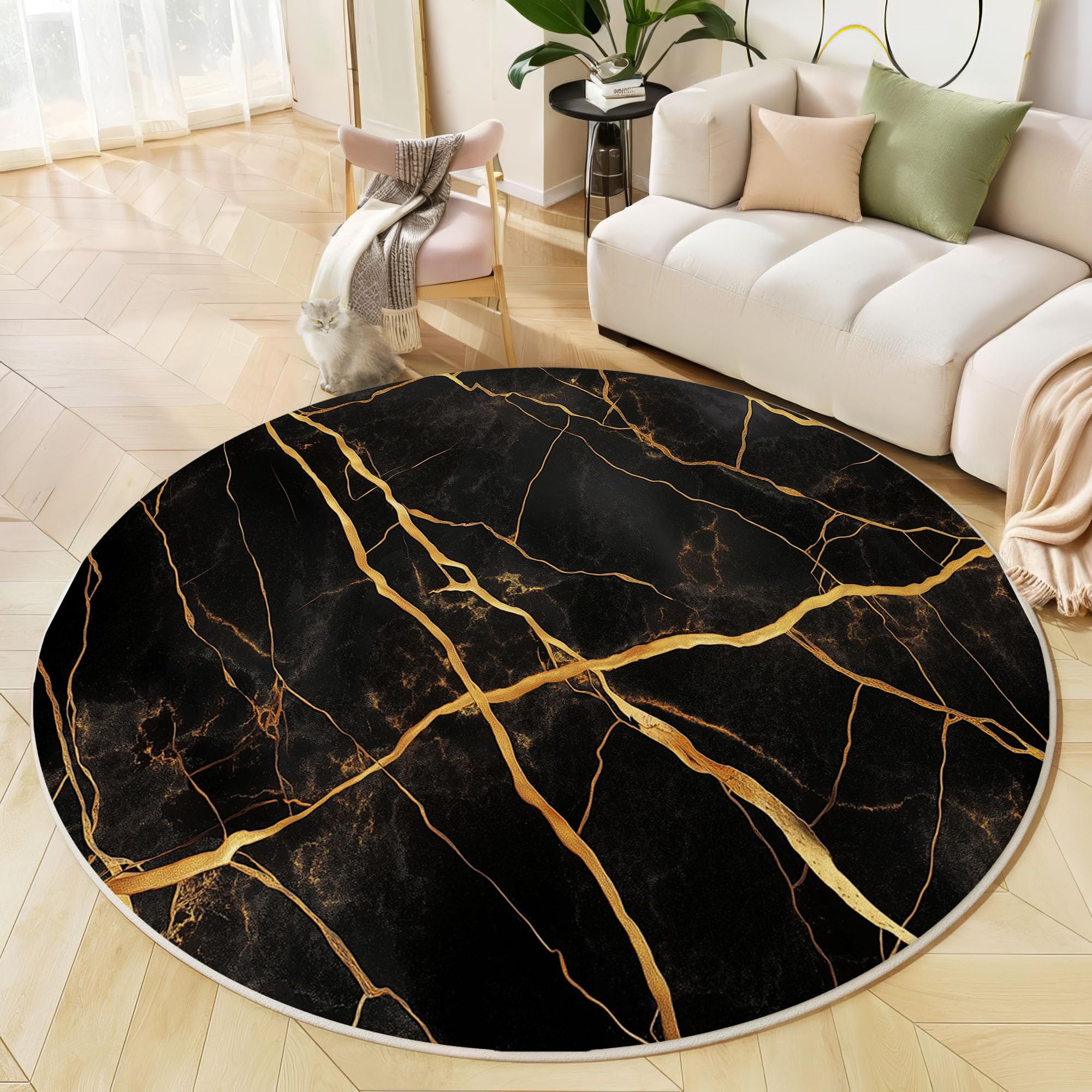 Tapis rond marbre noir texture dorée tapis de salon chic 200cm