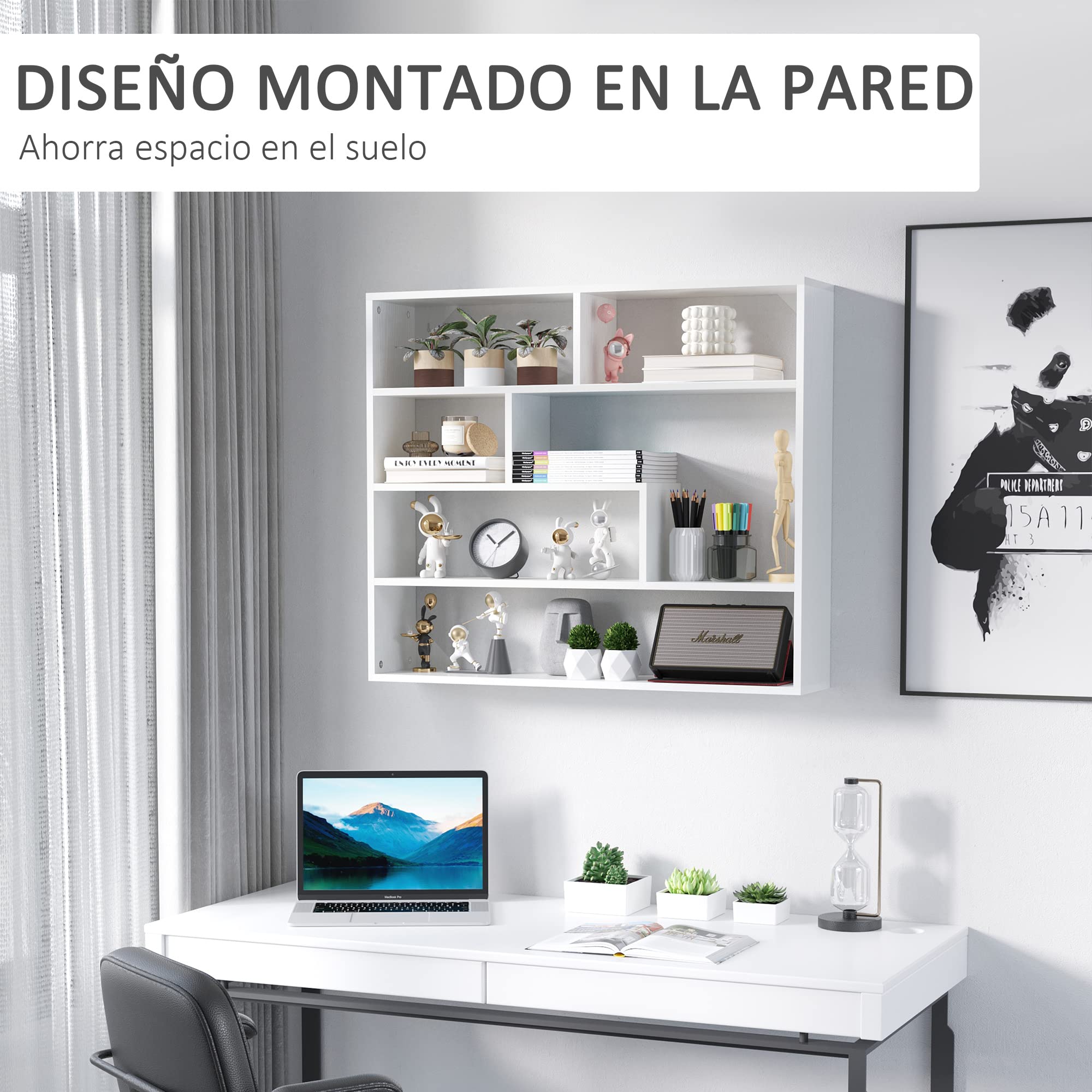 HOMCOM Estantería de Pared 4 Niveles Balda Flotante 94x19,5x80 cm Blanco | 7 Compartimientos Abiertos, para Salón Dormitorio Oficina, Estilo Moderno
