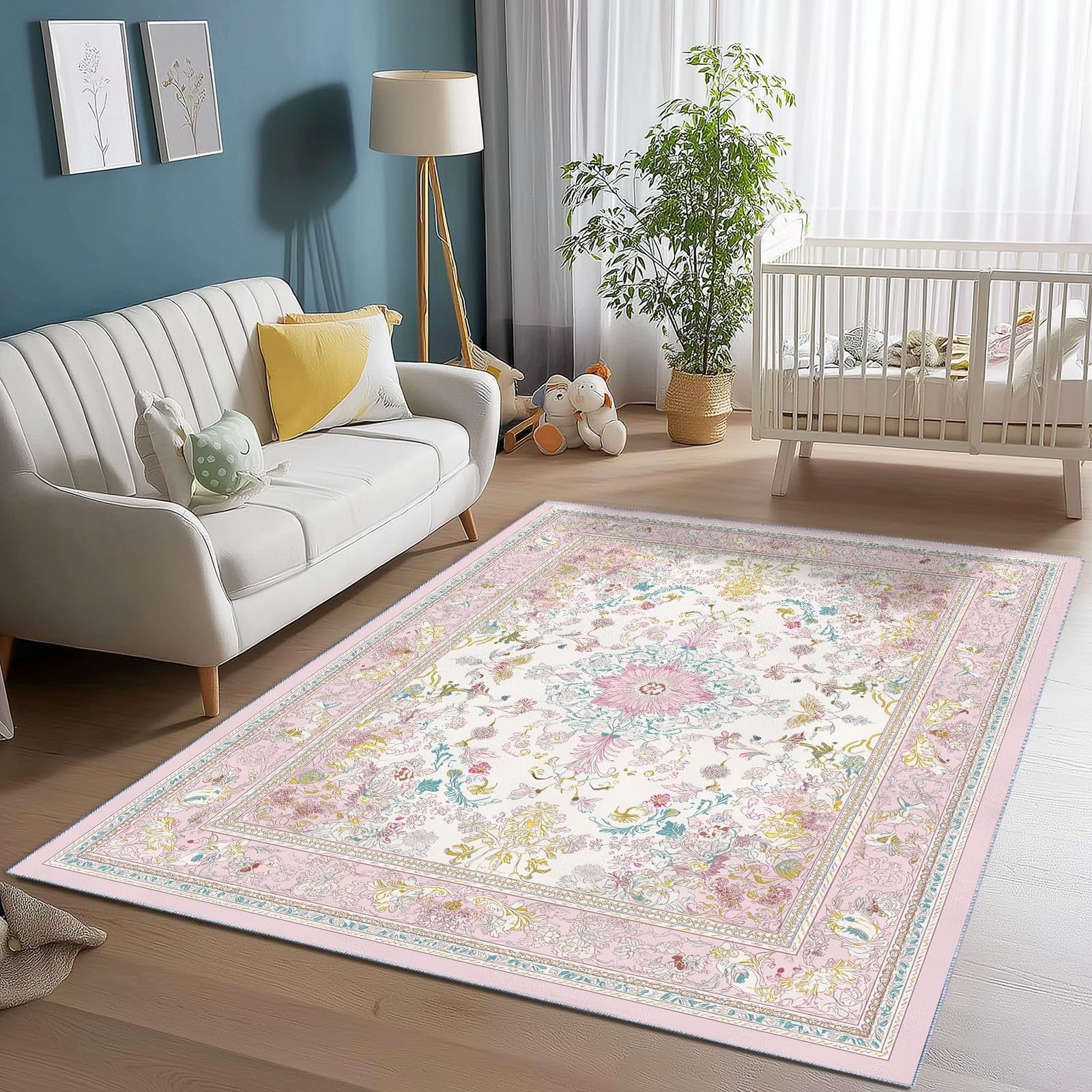 Tapis de salon bohème élégant fleurs rose doux déco pour salle à manger 80x150