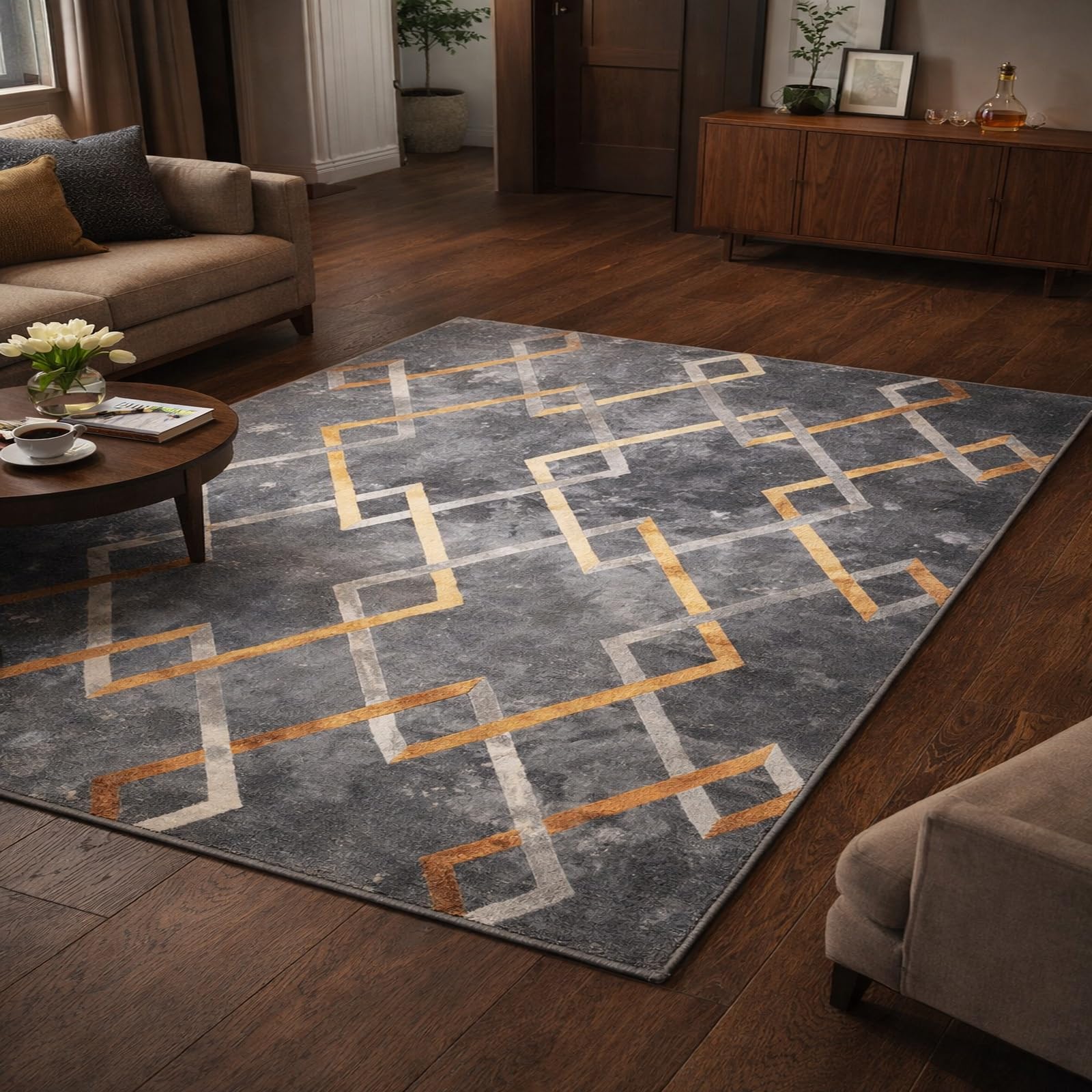 Alfombras para sala de estar y dormitorio gris con diseño geométrico