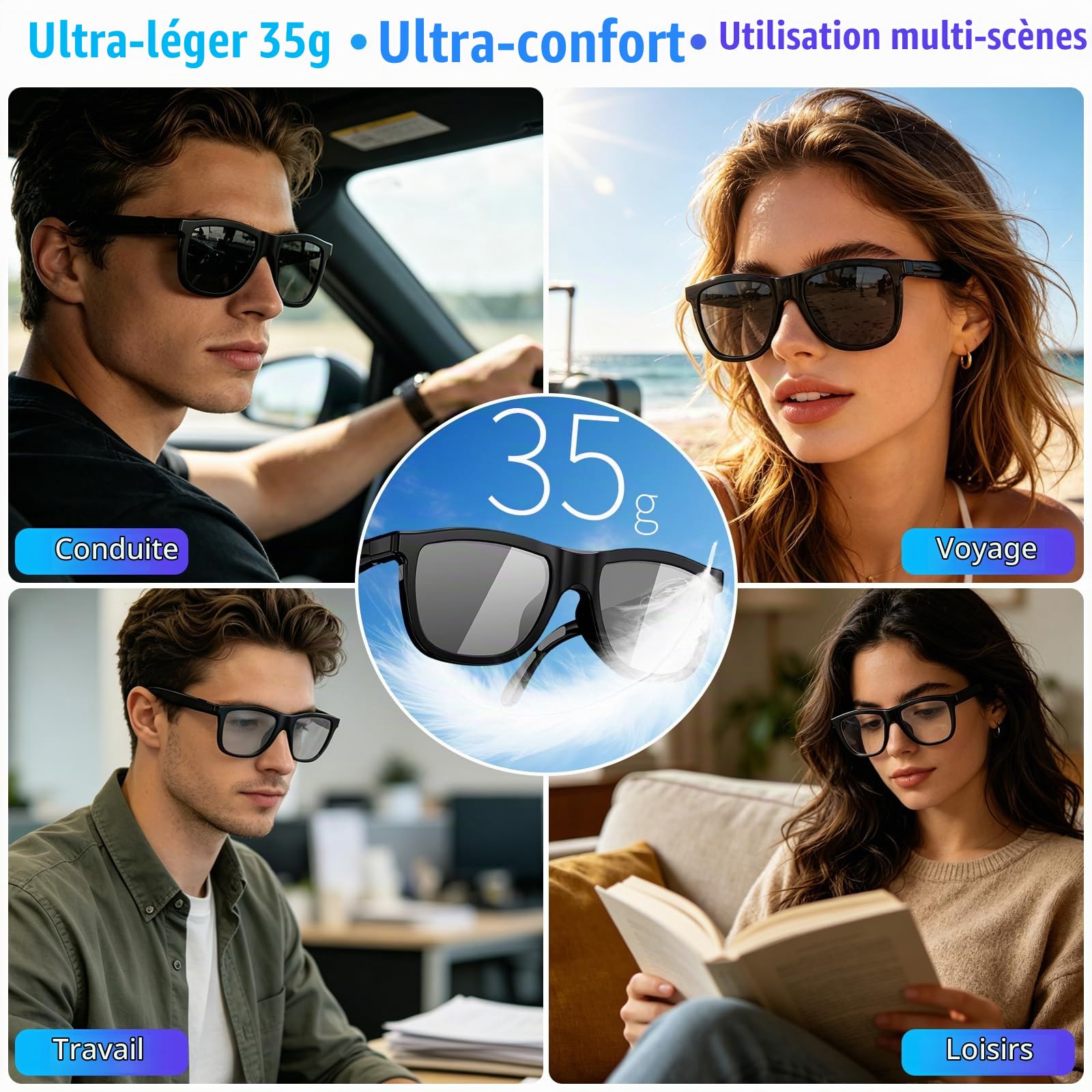 Lunettes intelligentes Bluetooth AI avec plus de 60 langues, lentilles changeantes de couleur, haut-parleur intégré et contrôle de la musique audio Hi-Fi - Traducteur vocal en temps réel pour voyages