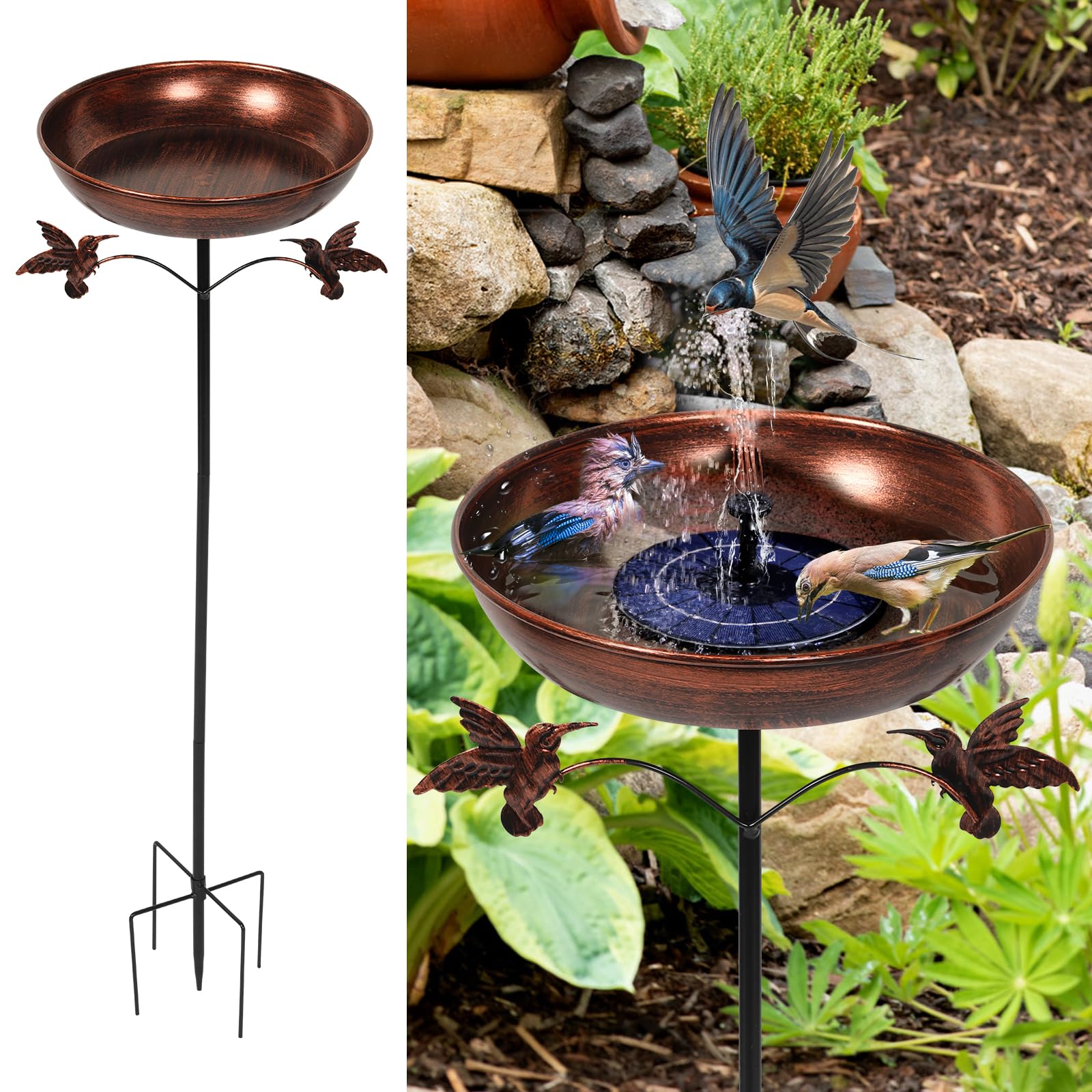 Bebedero de metal para pájaros de pie, para exterior, jardín, vintage, con base estable de 5 puntas, bebedero de agua para pájaros, aves silvestres, bebedero antiguo para jardín, patio trasero