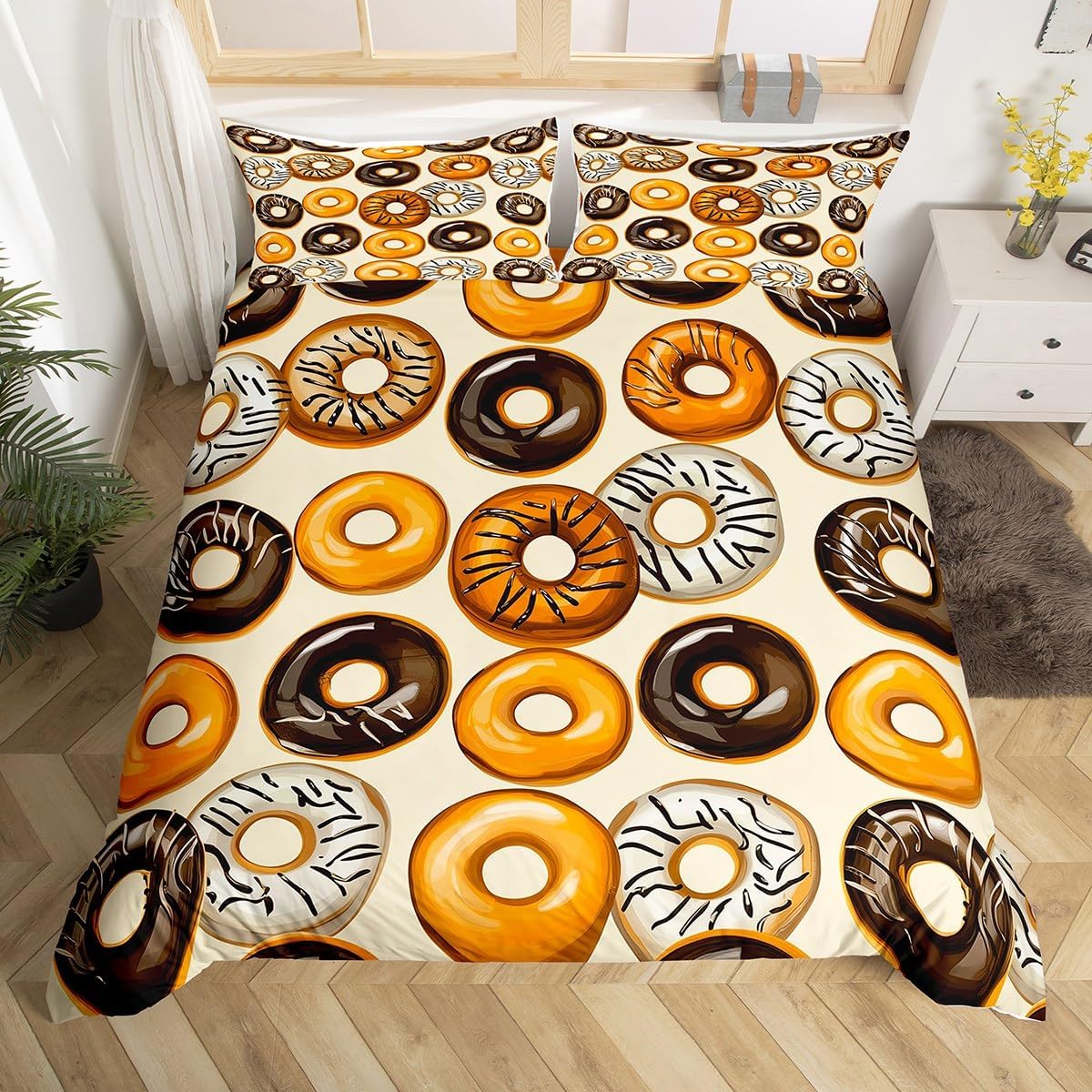 Feelyou Donuts Bedding Set Twin Size Chocolate Doughnut Duvet Cover for Boys Girls Teens Whimsical Dessert Comforter Cover Set Women Men Kawaii Donut Bedspread Cover with 2 Pillow Case