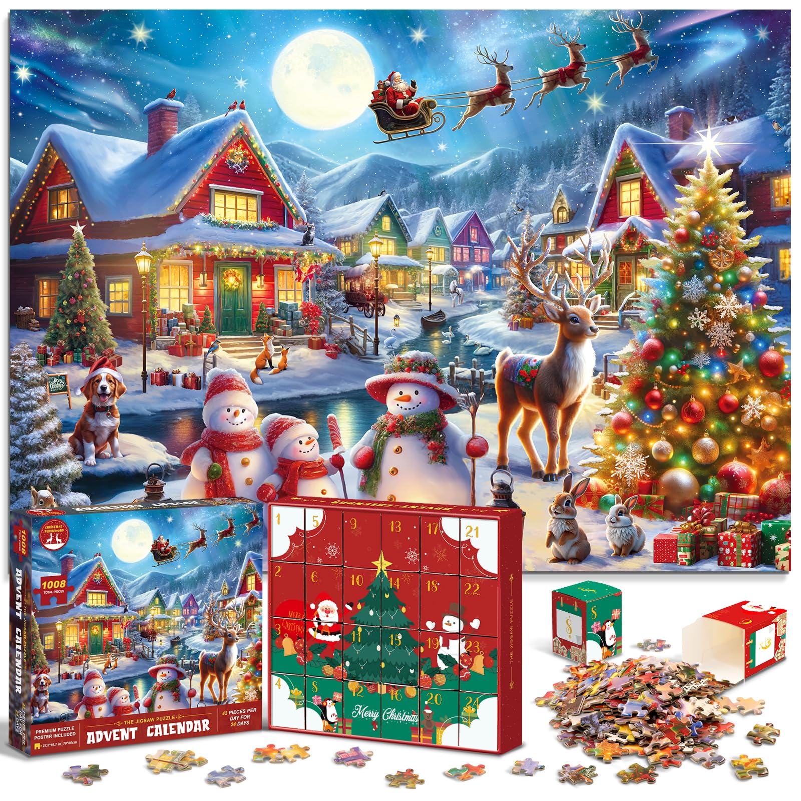 Jigsaw Puzzle Advent Calendar 2024 for Kids and Adults - 1008 Pieces Puzzle 24 Days Christmas Countdown Calendar Family Game Christmas Gifts for Kids Adults - Santa's Secret Village(27.56 x 19.68 Inch)