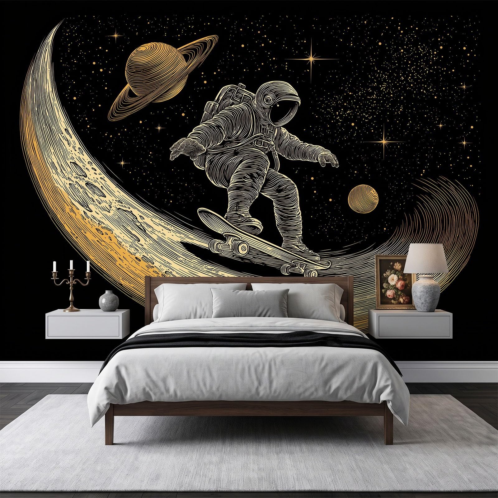 Vlies Fototapete 3D-Effekt Astronaut Sternenhimmel Sci-Fi Skateboard Wandtapete 300 x 280 cm, Moderne XXL Motivtapete Wanddekoration für Wohnzimmer Schlafzimmer,
