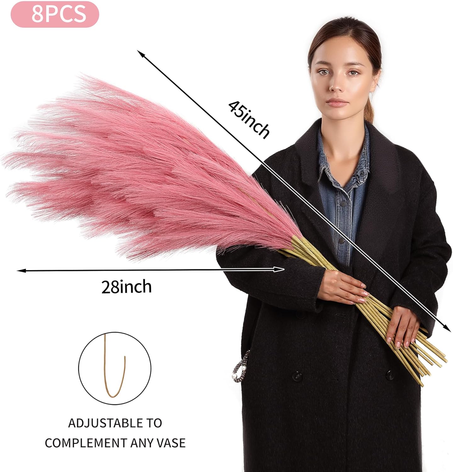 Wertuirk Dark Pink Pampas Grass, 8 Pcs 45 Inch Tall Large Faux Pompous Grass, Long Artificial Flowers for Floor Vases, Wedding Centerpieces, Baby Shower and Home Decoration (Dark Pink)