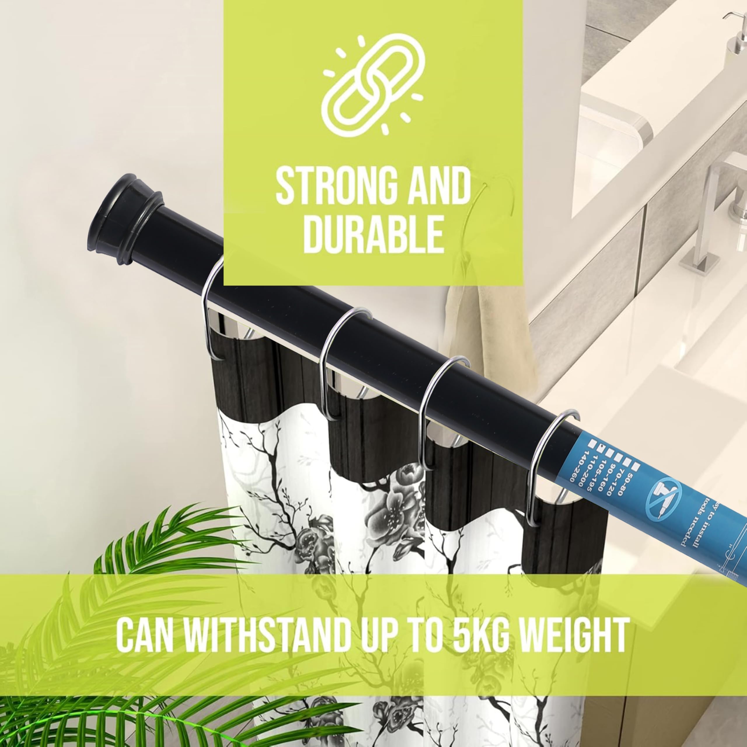 HomeCloud Expandable Shower Curtain Rod, Extendable Room Divider without Drilling, Adjustable Shower Rod, Sturdy & Rust Resistant Rod (Black Pack Of 1, Extendable- 140 to 260 Cm) — Amazon image 3