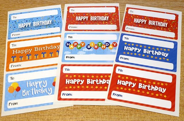 Happy Birthday Gift and Present Tags, Colourful Birthday Greeting Stickers, Self-Adhesive Labels, 9 Designs