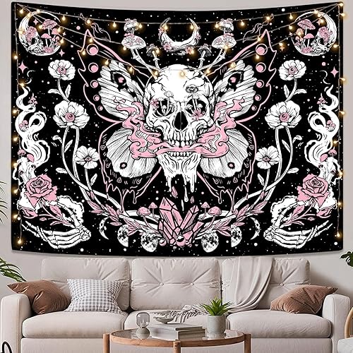 Miniatura 4 de Kanuyee Tapiz de calavera y mariposa, tapiz floral gótico para colgar en la pared para dormitorio, decoración de habitación rosa para dormitorio y