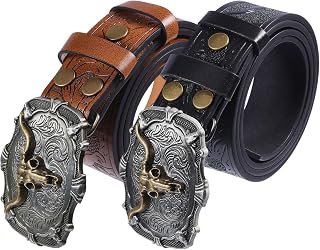 FREEBLOSS 2 Stück Westerngürtel Aus Leder Mit Schnalle 43'' x 1.5'' Cowboygürtel Für Herren Geprägte PU Ledergürtel Mit Bull Alloy Schnalle Schwarz Und Brown