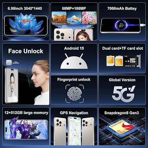 Miniatura 2 de SZV 17PROMA X 12+512GB Smartphone desbloqueado, pantalla HD de 6.99 pulgadas, batería Android 15, 7000 mAh, teléfono desbloqueado, identificación