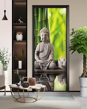 FLFK Door Mural Sticker - Buddha Statue Door Decal Wall Murals, Peel and Stick, Removable Self-Adhesive Door Wallpaper for Home Decor, Combined Size 30.3" W x 78.7" L, Split into 2 Pieces