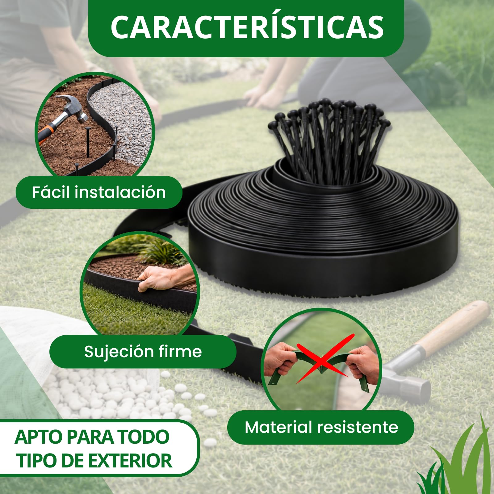 PLANTAWA Borde para Césped Artificial Negro 10m, 30 piquetas | Delimitación y Fijación del Perímetro, Contención de Materiales y Acabado Profesional | Flexible, Discreto y Resistente para Jardín