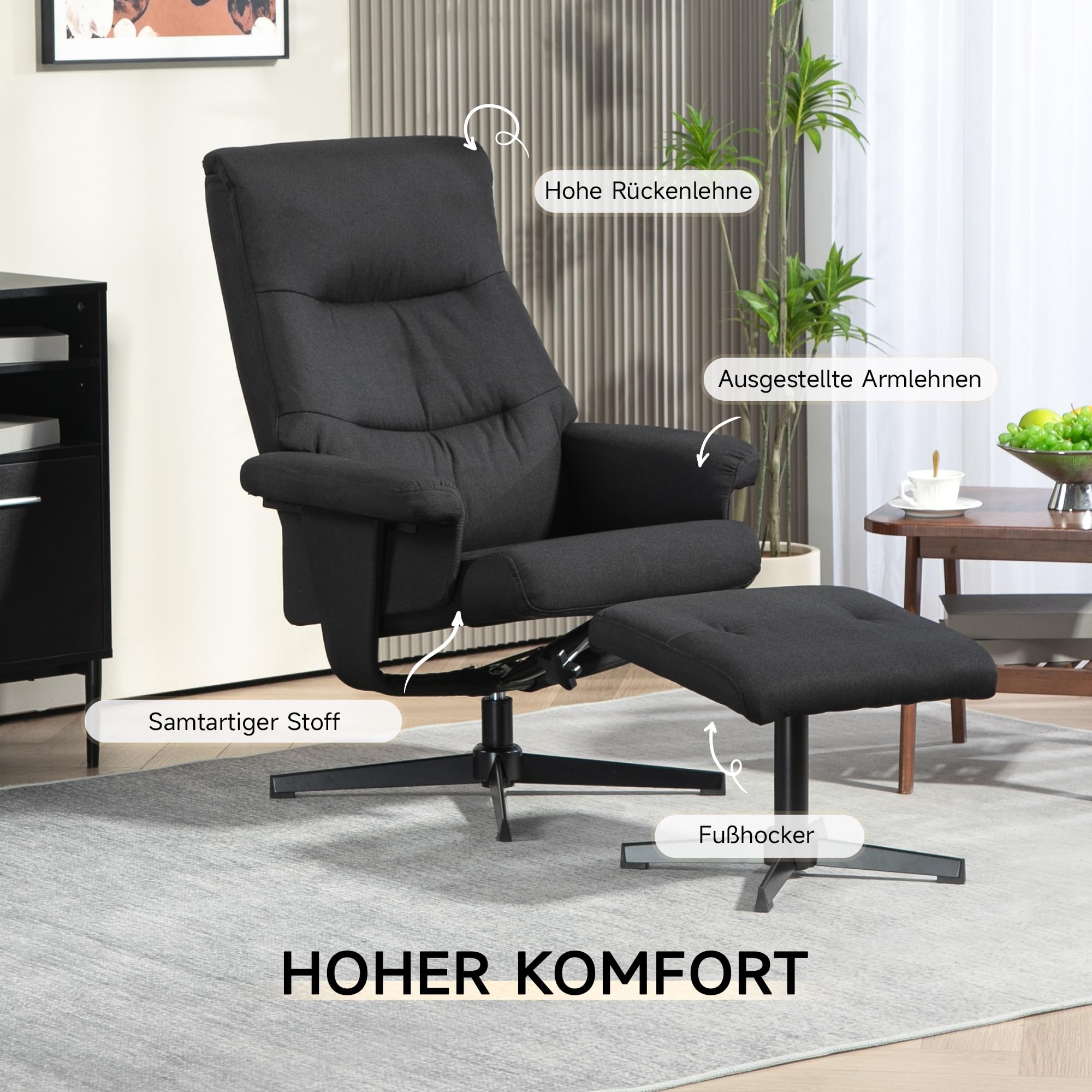 HOMCOM Relaxsessel mit Hocker Fernsehsessel mit Liegefunktion Schwarz