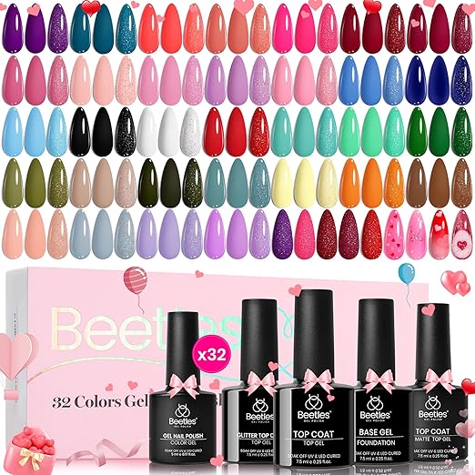 beetles Gel Polish Set Summer Gel Nail Polish Kit Pastel 36 Pcs 32 Colors with Base Top Coat Hot Pink Green Black White Burgundy Red Blue Purple Gifts for Women Fingertip Palette