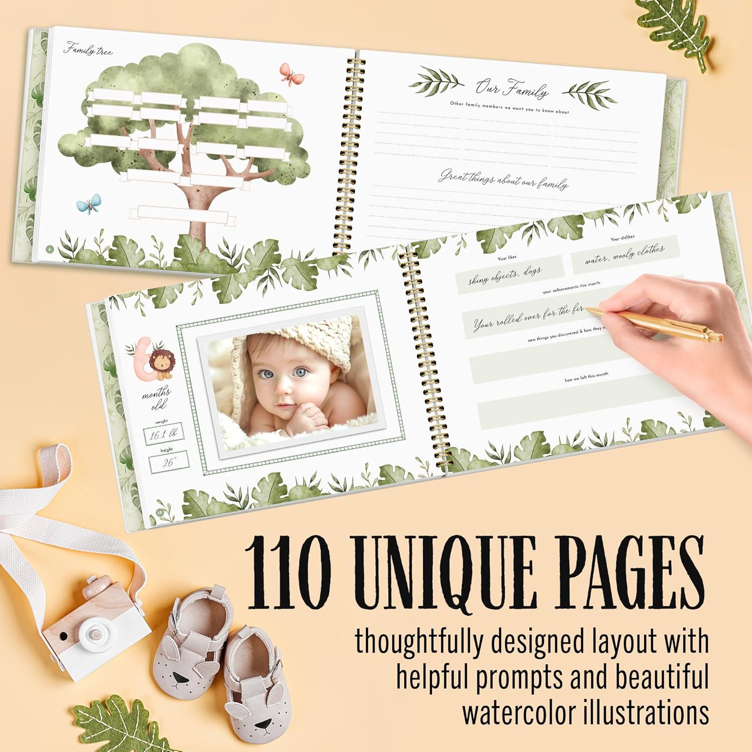 Baby Memory Book – “The Story of You” Keepsake Journal with Photo Slot, Zoo Animal Design, Gold Pen, Lay Flat Binding, Gift Box – 110 Full-Color Pages, 9x11.5 Inches