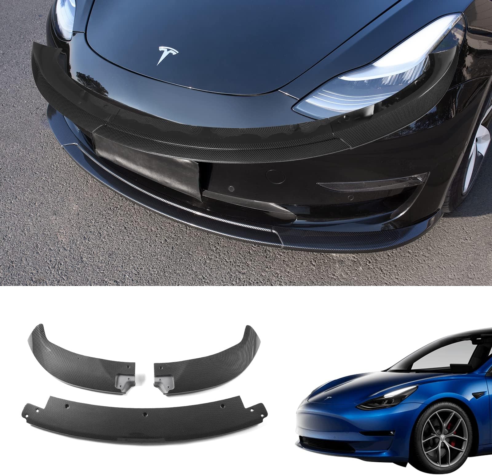 Bomely Front Bumper Lip Compatible with 2017-2023 Tesla Model 3 Front Bumper Lip Kit Car Glossy Mods Spoiler for Tesla Model 3 Accessories (Glossy Carbon Fiber Pattern)