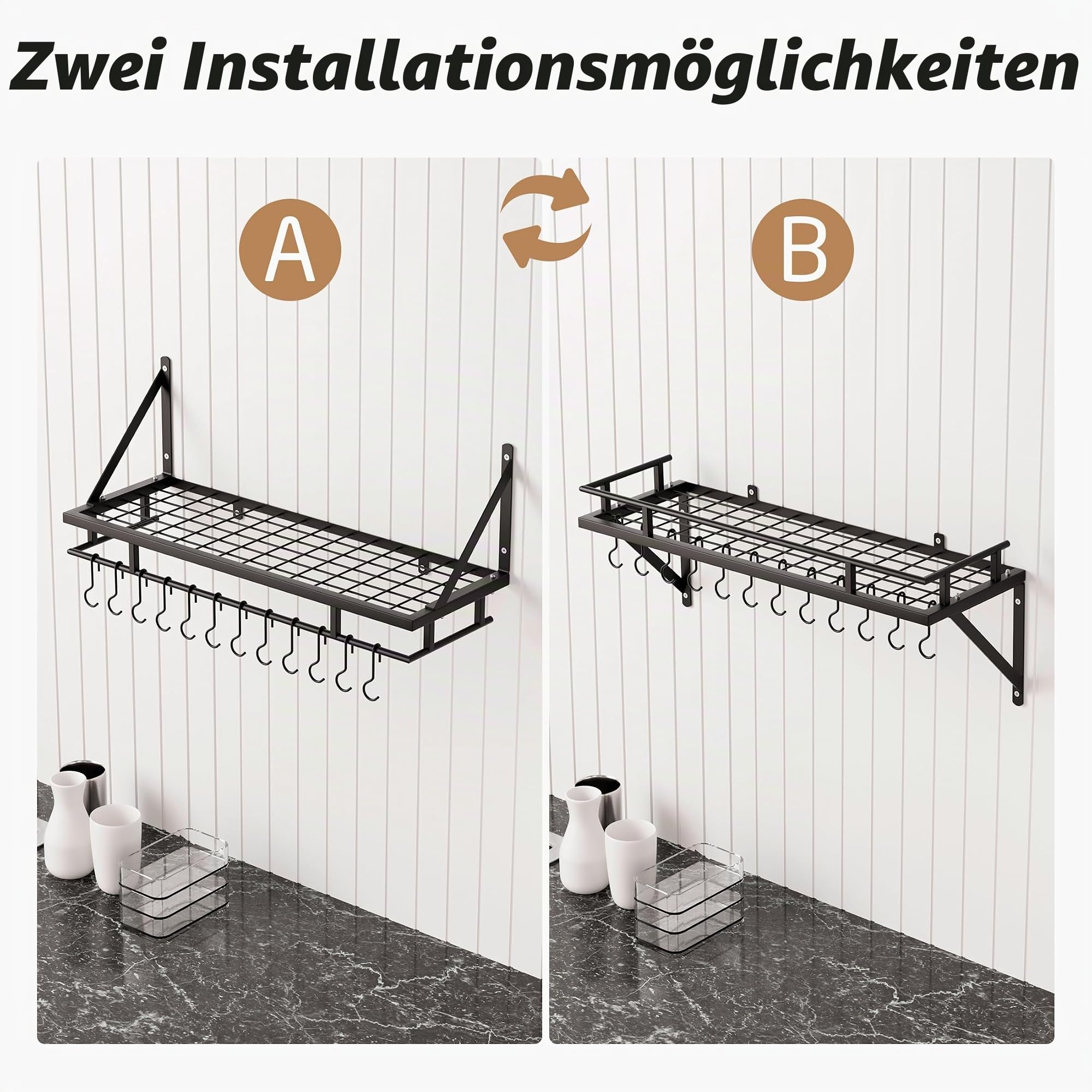 KES Küchenutensilienhalter Pfannenhalter Küchenregal Küche mit 12 Haken Hängeregal Gewürz Pfanne Regal Wandregal Küchenleiste 75CM Wandmontage Matt Schwarz, KUR215S75A-BK