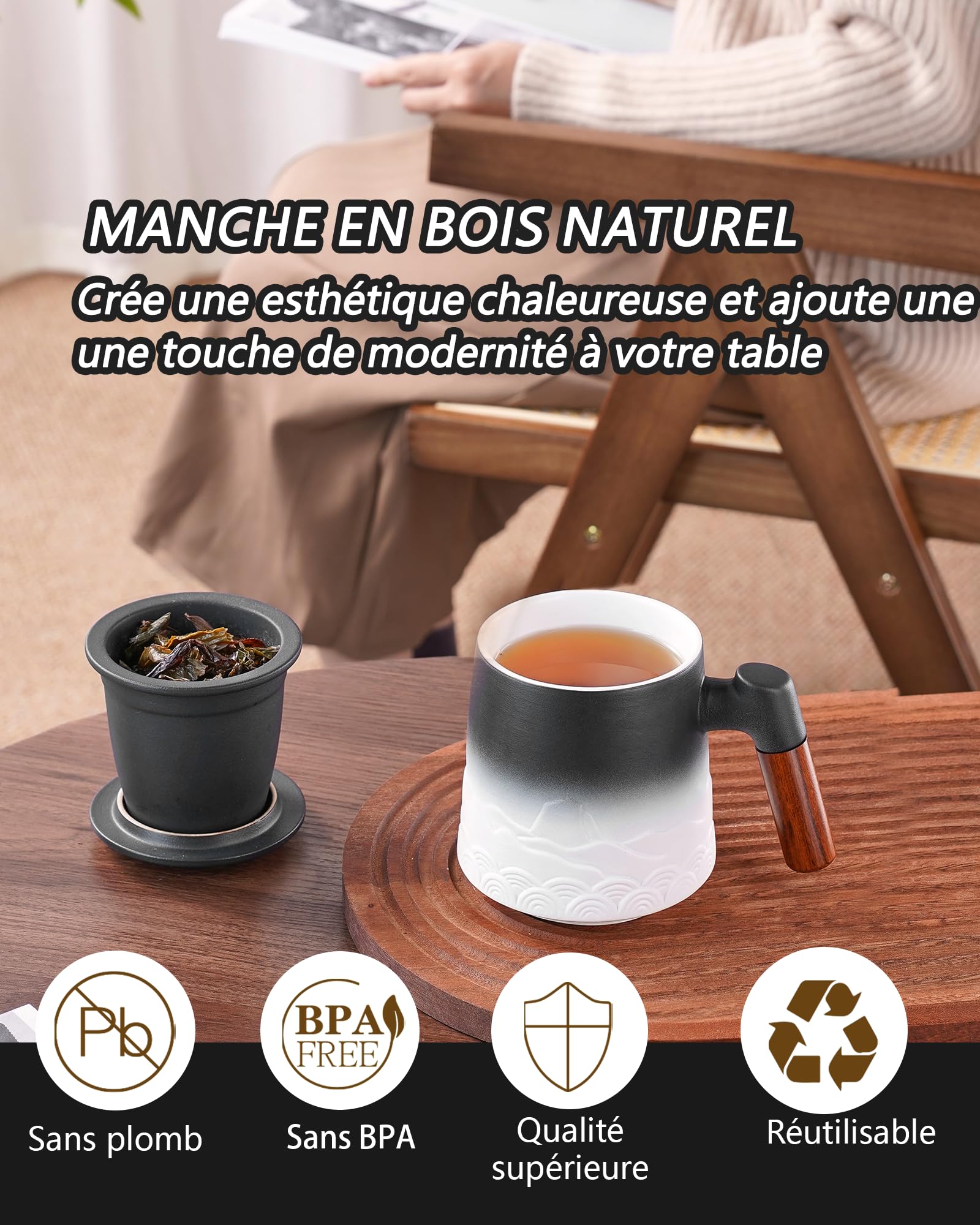 ZENS Taza de té con infusor y tapa, 500 ml - Taza de cerámica con relieve para té de hojas, mango de madera - Taza con filtro para amantes del té, blanco y negro