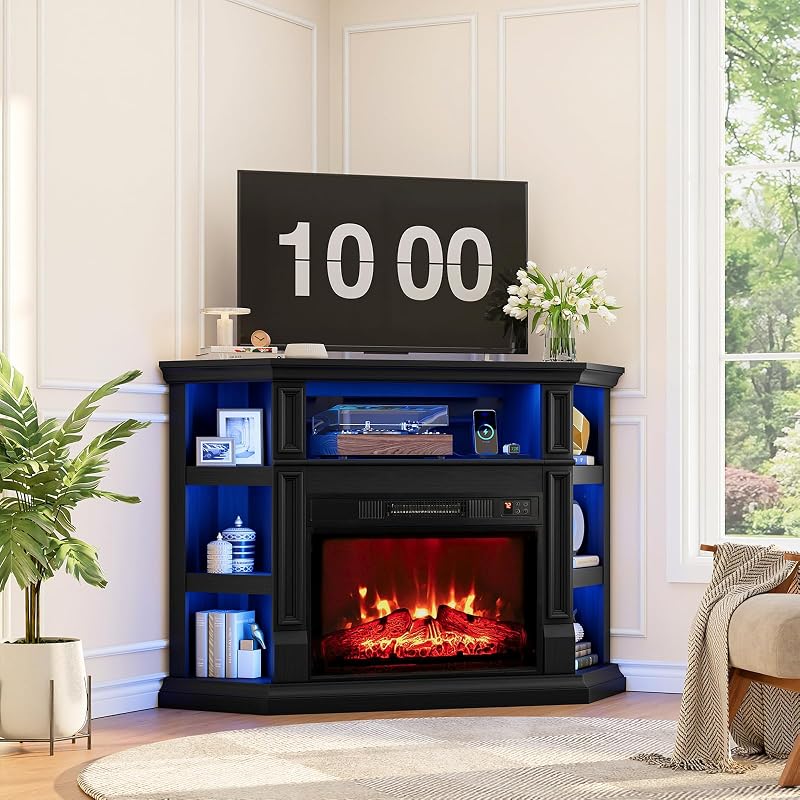 Naice 47" Corner Fireplace TV Stand for 55-Inch TVs with Storage, Black image 3