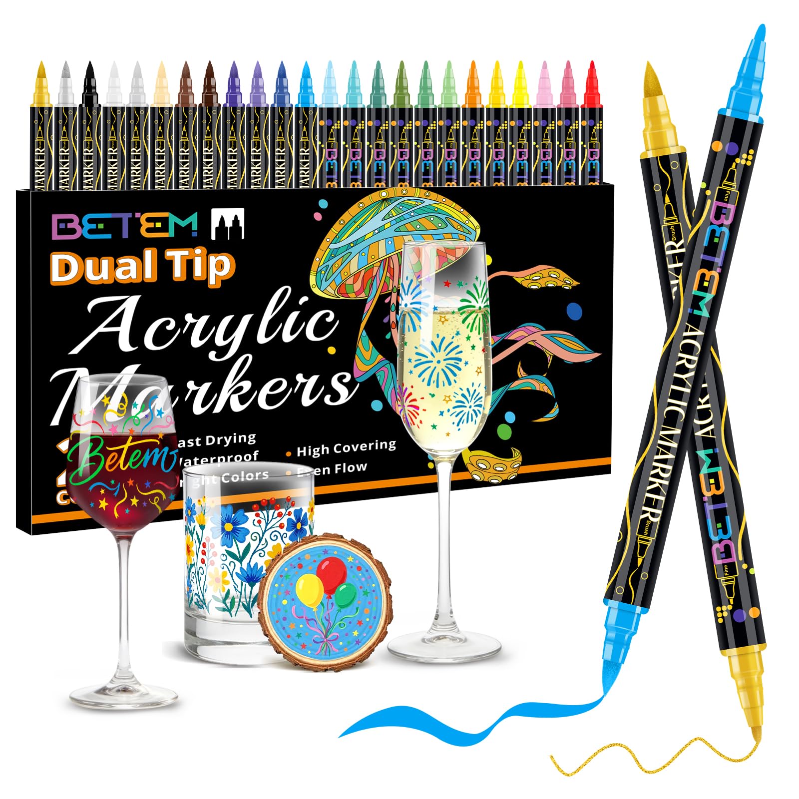 Betem Acrylic Paint Markers Dual Tip 24 Colors Acrylic Paint Pens with Brush Tip and Fine Point Permanent
