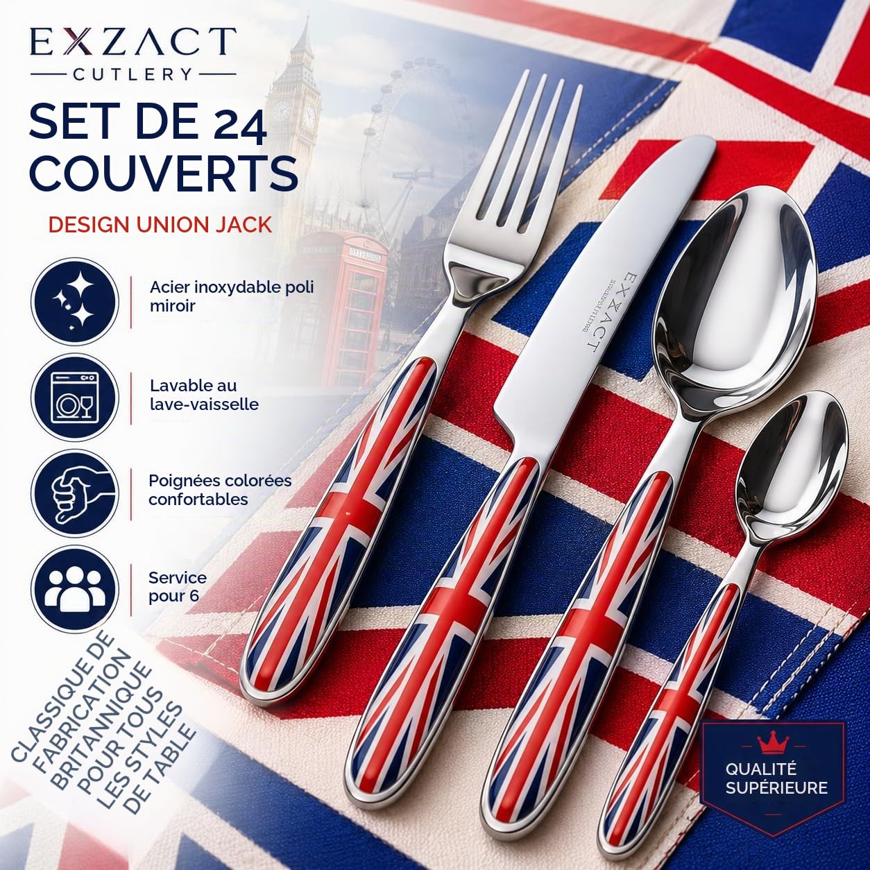 EXZACT 24 pièces Union Jack Couverts acier inoxydable couverts set pour 6