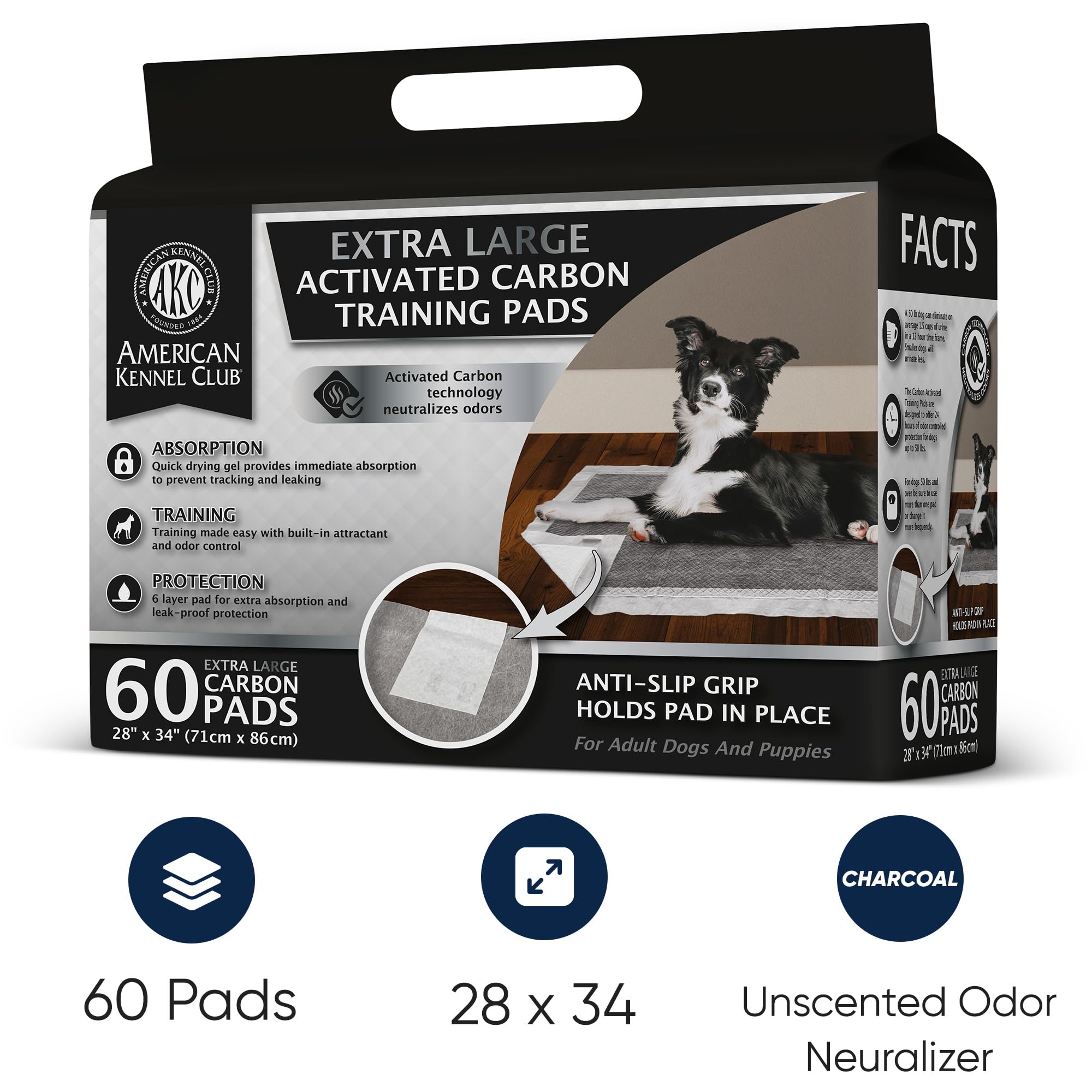 AKC Almohadillas de Entrenamiento para Perros de carbón, Control de olores de Carbono, 28 x 34 Pulgadas, 60 Unidades