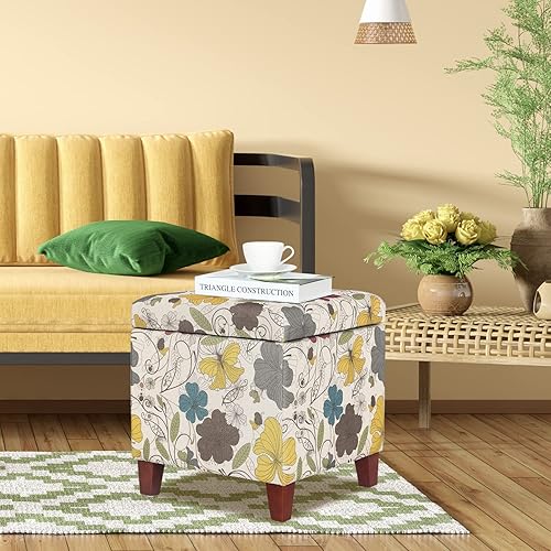 Miniatura 37 de Homebeez Taburete otomano de almacenamiento con reposapiés otomano con tapa con bisagras/patas de madera (flor 2) Flor-2,Beige,Con