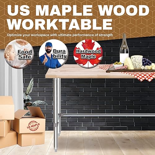 Miniatura 2 de Mesa de trabajo de madera con parte superior de arce de EE. UU., 24 x 60 x 35 pulgadas, banco de trabajo de madera con base abierta estabilizadora