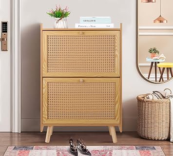 ZYBT Rattan Shoe Cabinet for Entryway, Brown, 22"L x 9.5"D x 34.6"H, 2 Drawers, 2 Shelves, Rustic Style, Freestanding, Anti-Tip Strap