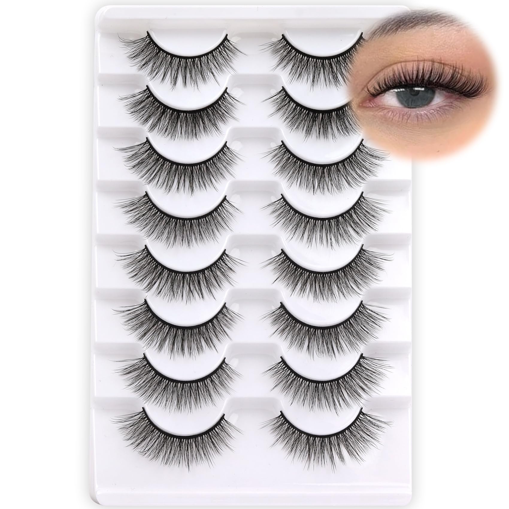 Fyonas Natural Lashes Wispy False Eyelashes 10-16mm Cat Eye Lashes C Curl Fake Lashes Comfortable Faux Mink Lashes 8 Pairs 3D Fluffy Strip Lashes Pack