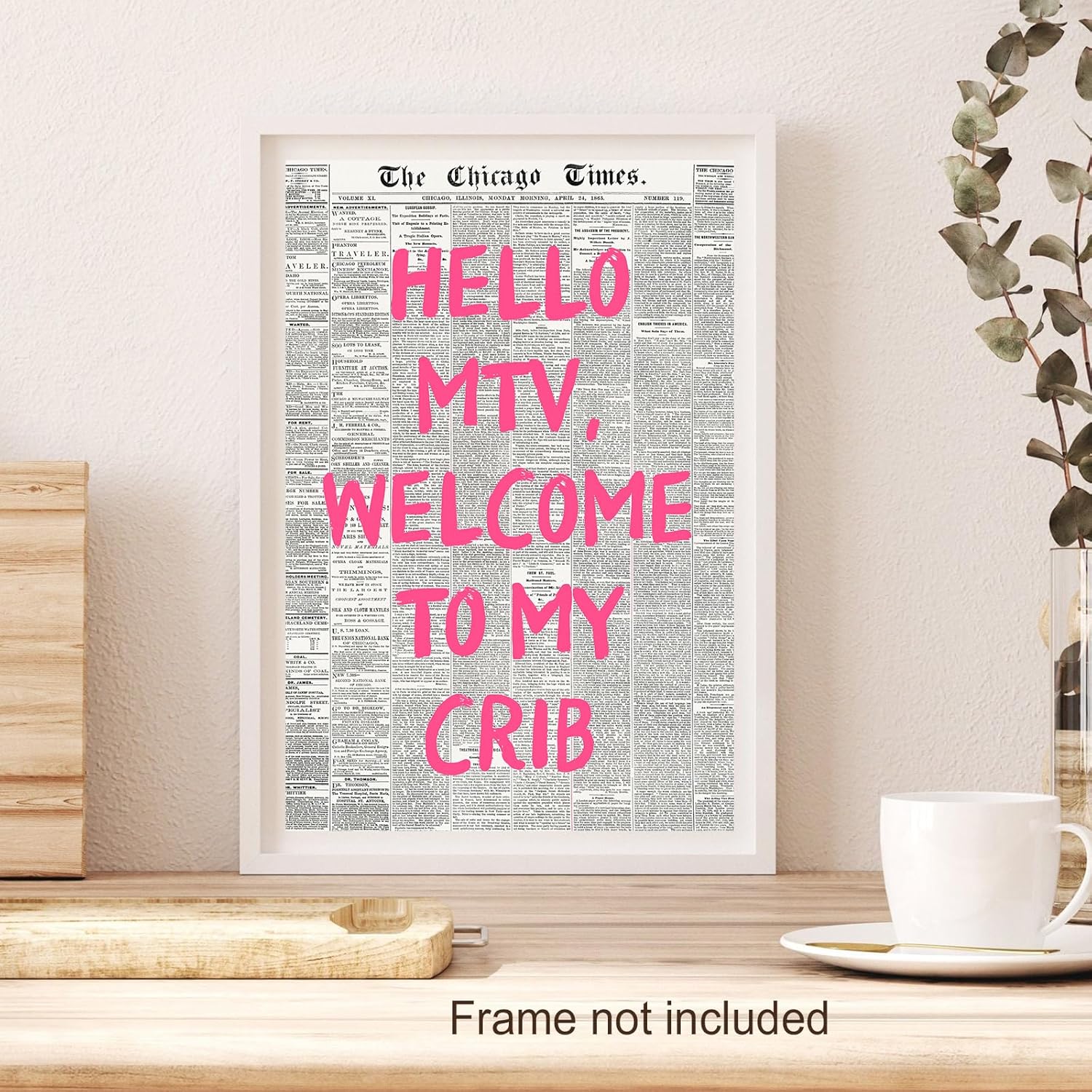 Vintage Pink Font Black and White Newspaper Poster Hi MTV Welcome To My Crib Newspaper Canvas Wall Art Trendy 70's Room Aesthetic Poster for Wall Typography for Bedroom 24x36in Unframed