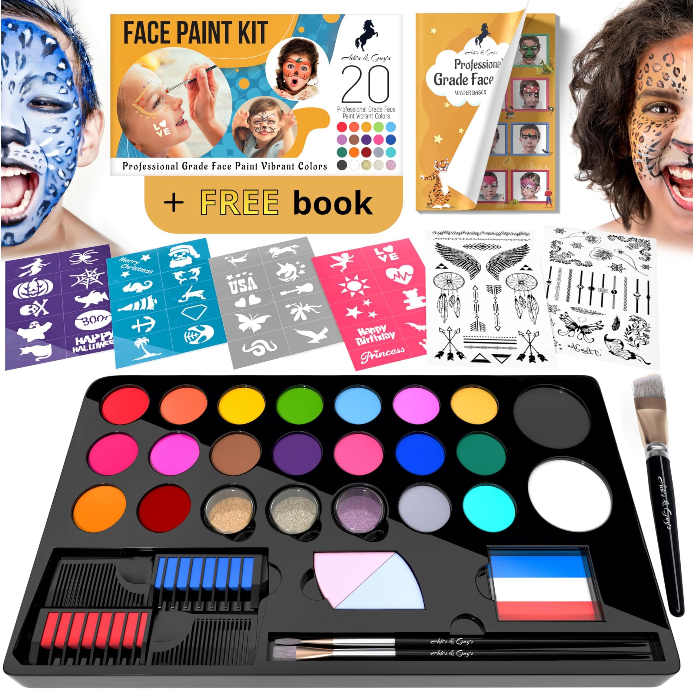 Face Paint Kit for Kids โ 20 Washable Colors, Guaranteed Stain-Free, Paints 60+ Faces, Hair Chalk, Glitter, Brushes, Stencils, Non-Toxic, Perfect for Birthdays, Halloween, Parties