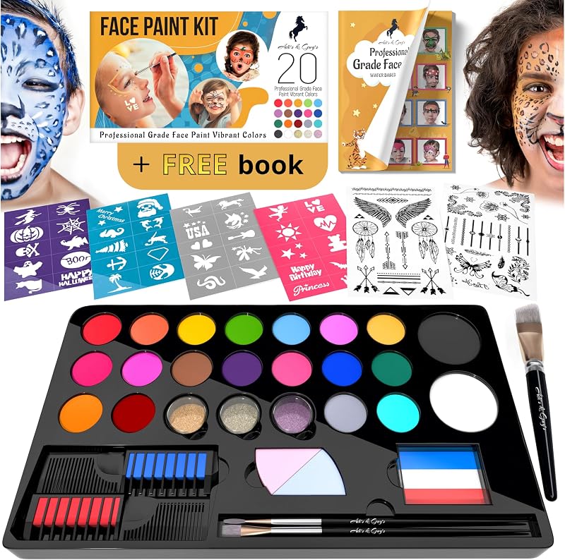 Kit de pintura facial para niños – 20 colores lavables, garantizado sin manchas, pinturas para más de 60 caras, tiza para el cabello, purpurina, pinceles, plantillas, no tóxico, perfecto para cumpleaños, Halloween, fiestas
